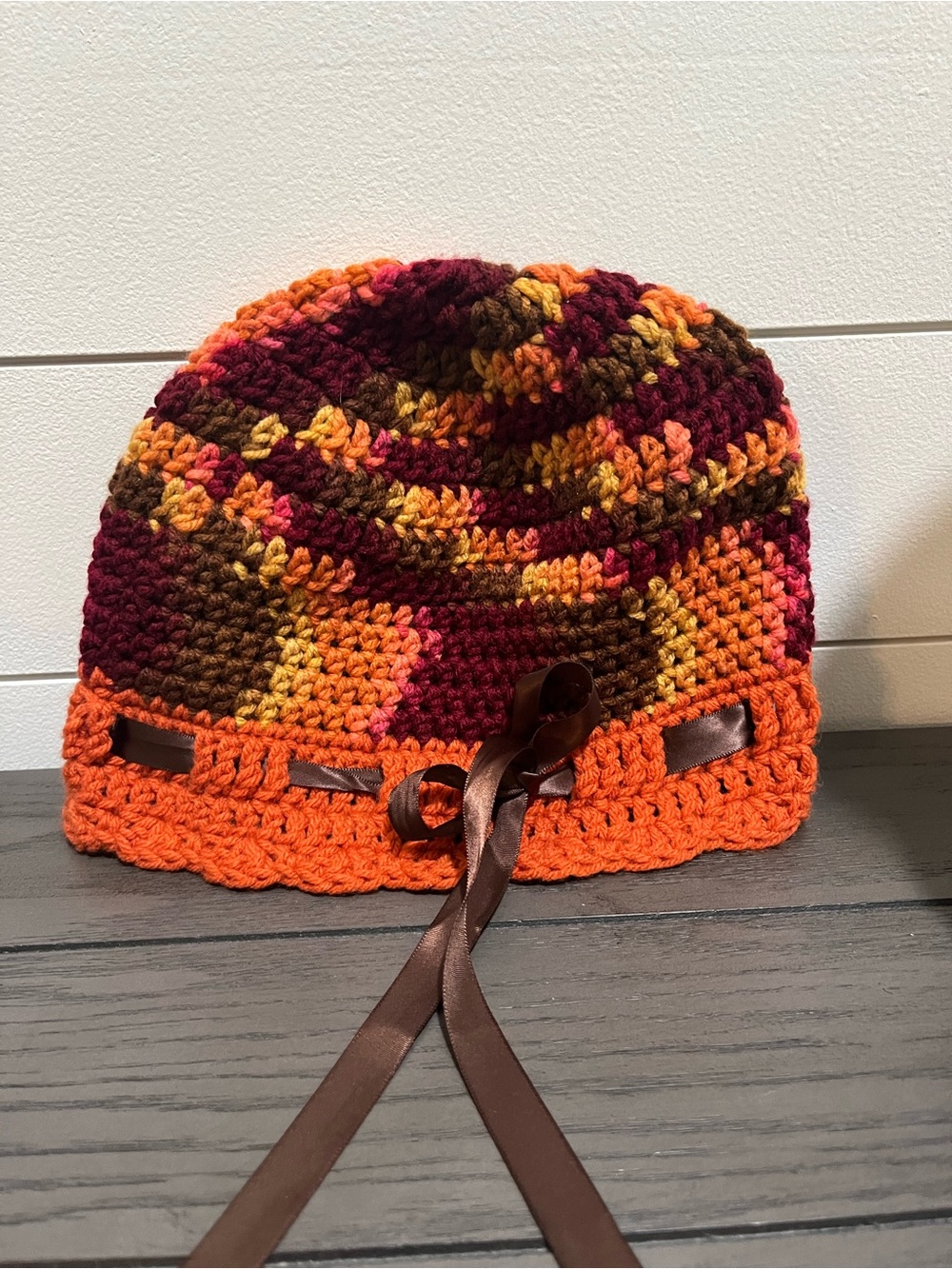 Handmade Crocheted Kids Beanie in Orange & Burgundy. 0003